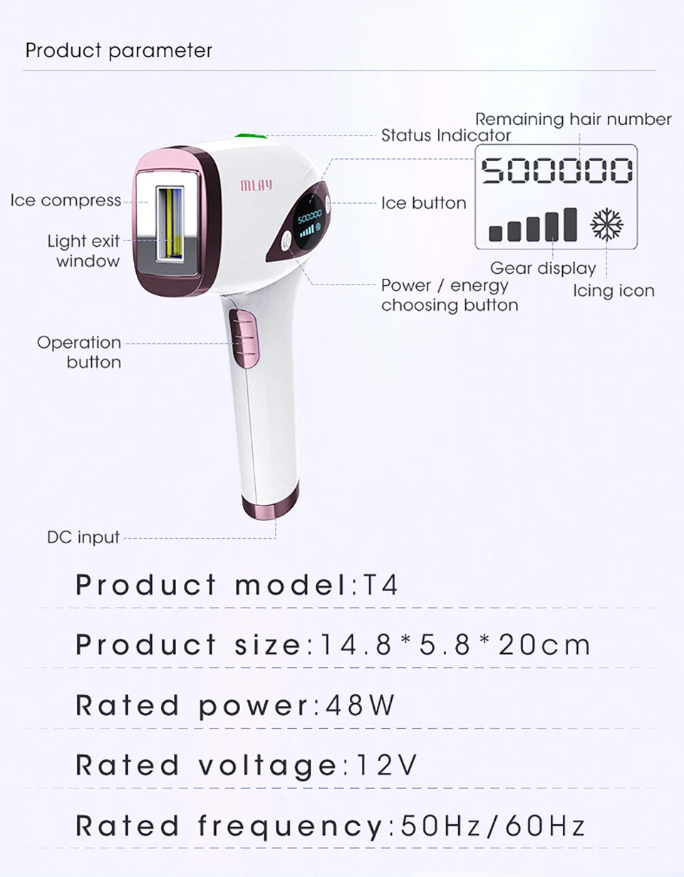 MLAY T4 IPL Laser Handheld Hair Removal Machine Ice Cool Permanent Face Body Bikini Epilator with 500000 Shots for Home Use