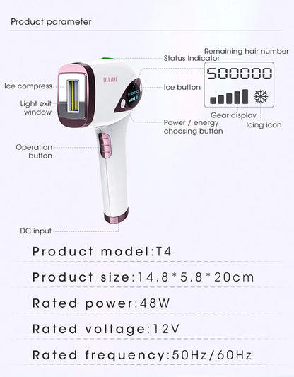 MLAY T4 IPL Laser Handheld Hair Removal Machine Ice Cool Permanent Face Body Bikini Epilator with 500000 Shots for Home Use